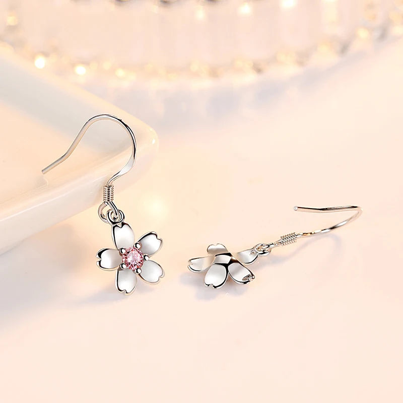 Real 925 Sterling Silver Bridal Wedding Crystal Zircon Flower Drop Earrings