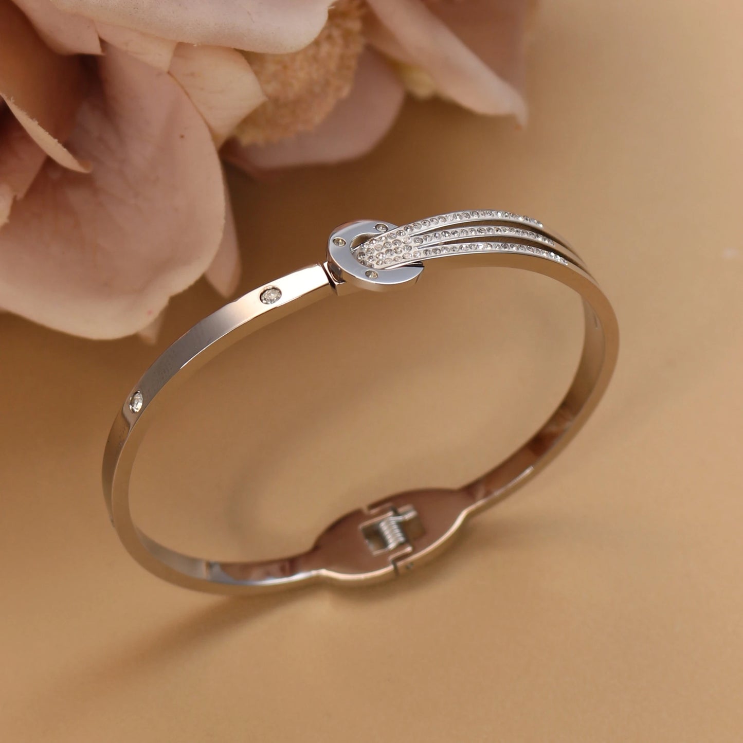 Women 18k Gold Plated Crystal Hollow Open Stainless Steel Bracelet