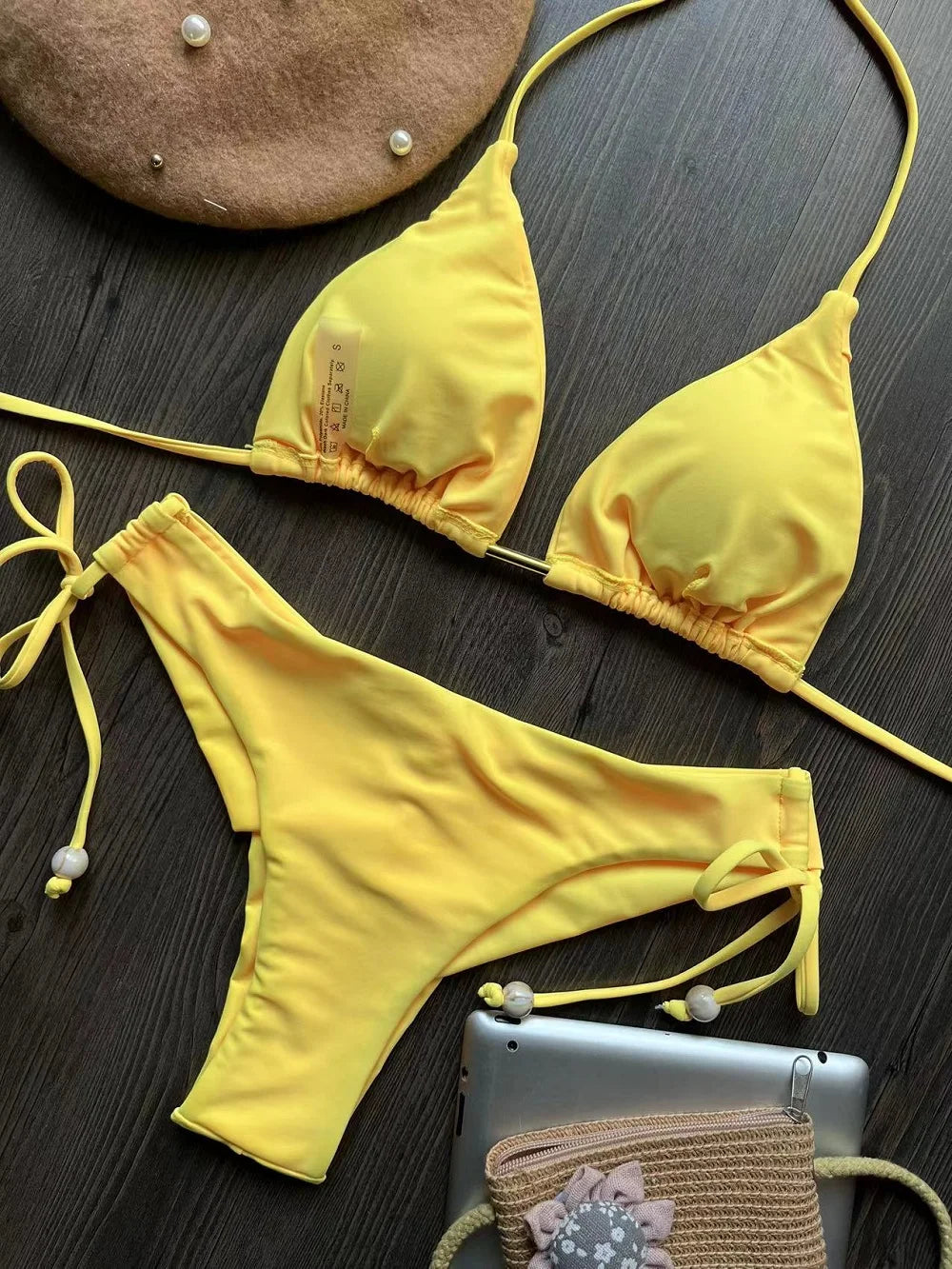 Solid Color Bikini Swimsuit Hanging Neck Rope Split Swimsuit 2-piece Beachwear Suit