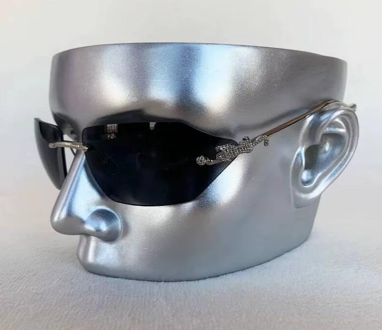 Women Men Gold Silver Designer Y2K Rimless Curved Rectangle Vintage Punk Shades Sunglasses