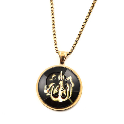 Men Women Stainless Steel Gold Color Islamic Muslim Amulet Arabic Allah Shine Glass Pendant Necklace