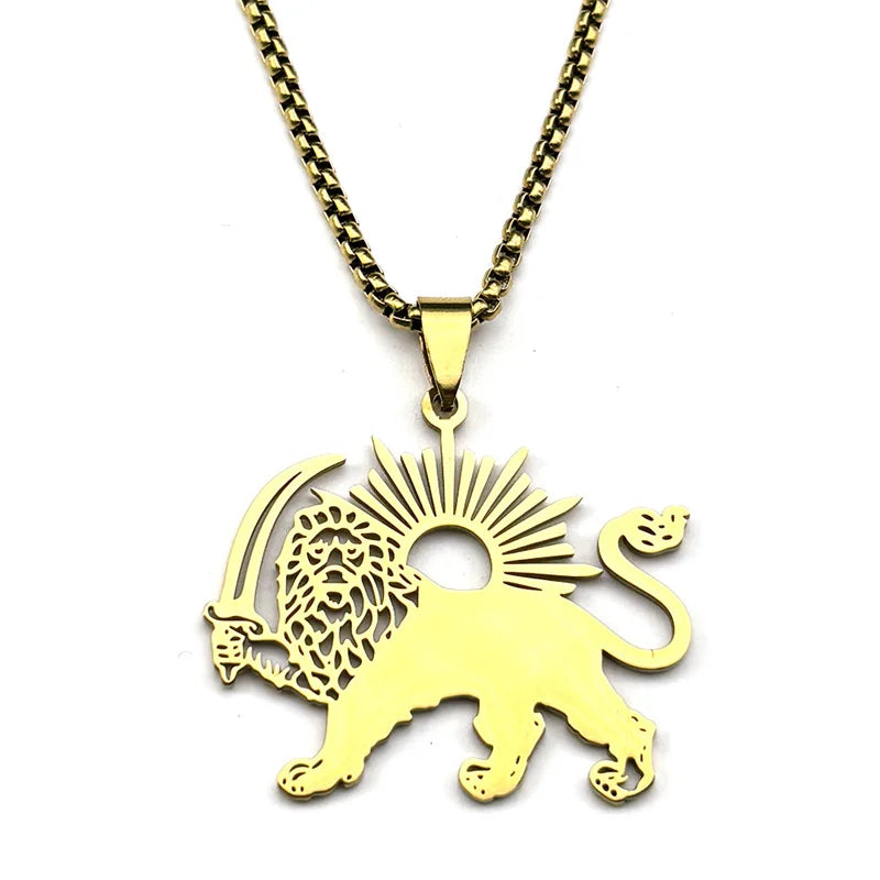 Women Men Stainless Steel Gold Color Arabic Iran Islamic Sword Lion of Persia Shamshir Pendant Necklace