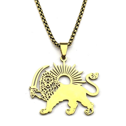 Women Men Stainless Steel Gold Color Arabic Iran Islamic Sword Lion of Persia Shamshir Pendant Necklace