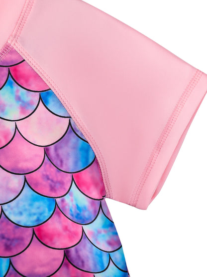 2pcs Kids Girls Short Sleeve Tops Swim Shorts Scale Print Patchwork Beach Bathing Swimwear