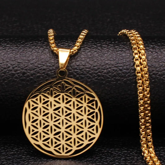 Women Men Flower of Life Stainless Steel Gold Color Mandala Long Necklace