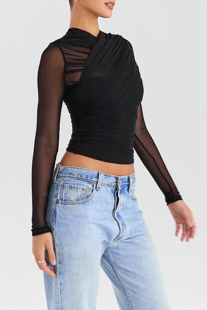 Women Sheer Mesh Long Sleeve V Neck Zipper Layered Skinny Club Party Sexy Tops Shirt