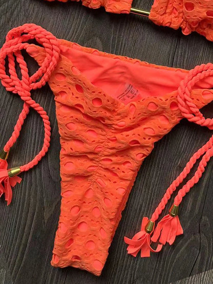 Sexy Split Swimsuit Bikini Hollow Fabric Solid Color Bikini Beach Bathing Suit