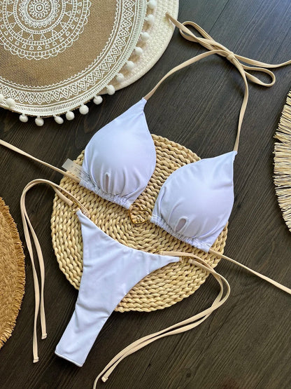 Solid Color Bikini Low Waist Lace-up Fashionable Swimsuit Two-piece Suit