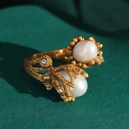 Women Blue Natural Stone Open Leopard Fashionable Water Drop Gold Color Pearl Flower Ring