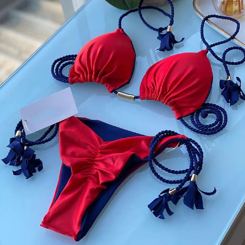 Sexy Separate Triangle Pure Color Rope Weaving Multicolor Bikini Swimsuit Suit