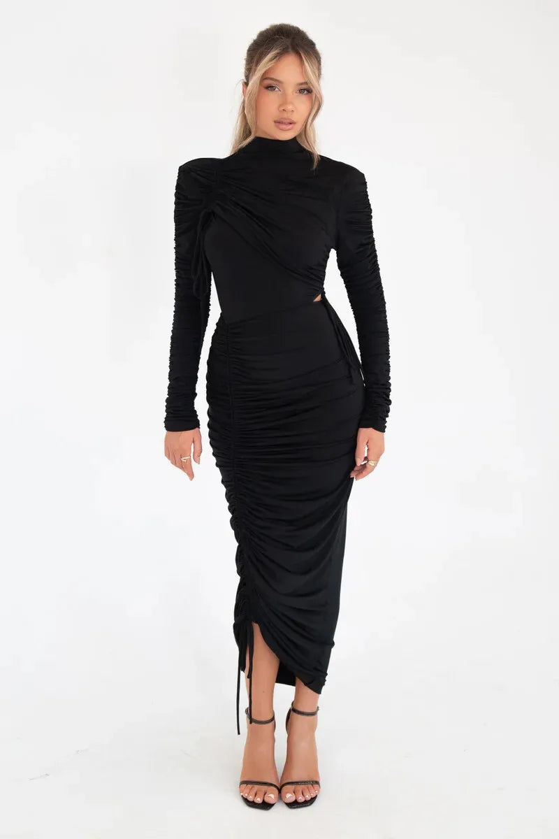 Elegant Women Long Sleeve Ruched Drawstring Turtleneck Bodycon Maxi Dress