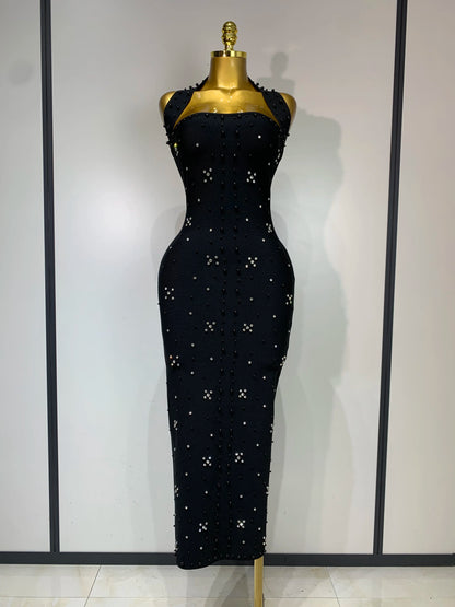 Sexy Sparkly Rhinestone Pearl Halter Backless Bandage Long Birthday Evening Party Dress