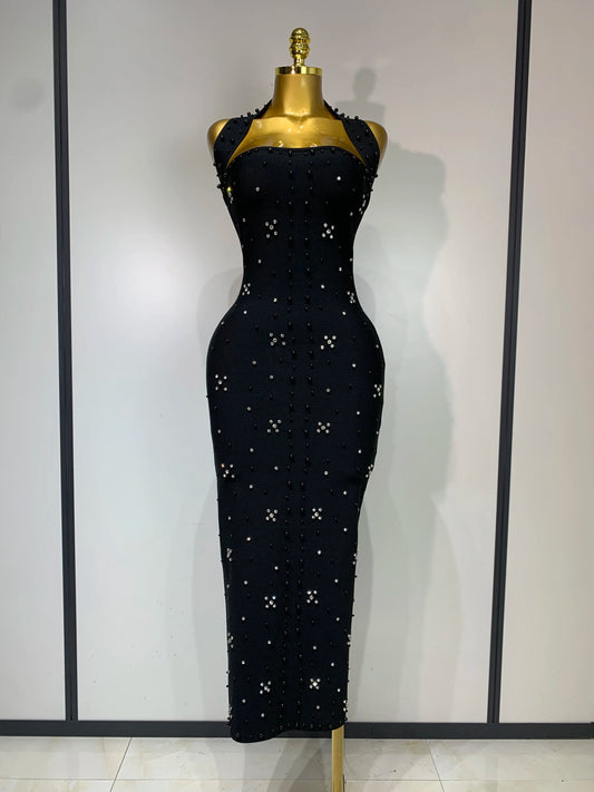 Sexy Sparkly Rhinestone Pearl Halter Backless Bandage Long Birthday Evening Party Dress