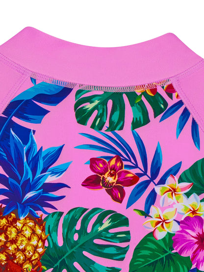 One-Piece Kids Girl Long-Sleeved Pink Plants Print Zipper Boyleg Shorts Swimming Swim Romper