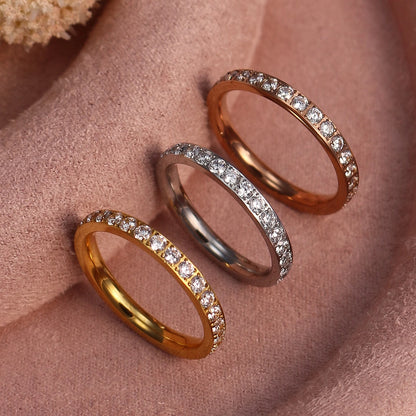 2mm Women 18k gold plated Stainless Steel Crystal CZ Eternity Wedding Ring Gifts