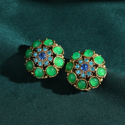 Vintage Crystal Round Oval Green Glazed Petal Women Flower Antique Stud Earrings