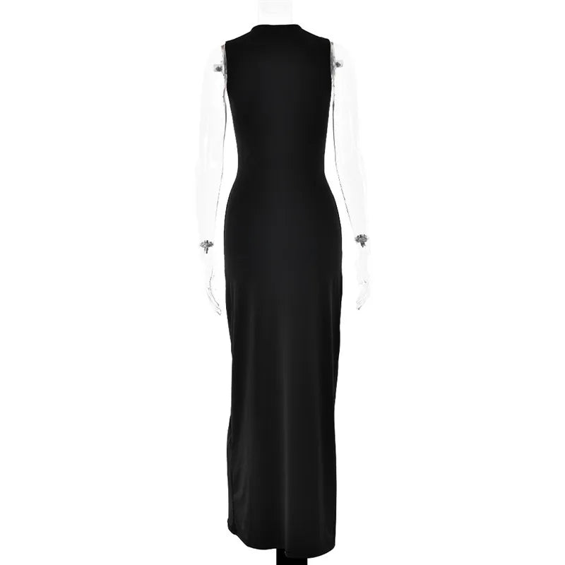 Women Half High Collar Irregular Tank Fashion Sleeveless Bodycon Ruched Long Dress