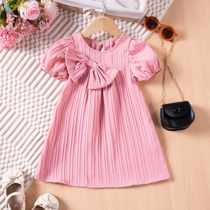 Kids Girl Solid Color Bubble Sleeve Cute Bow Party Birthday Outing Dress