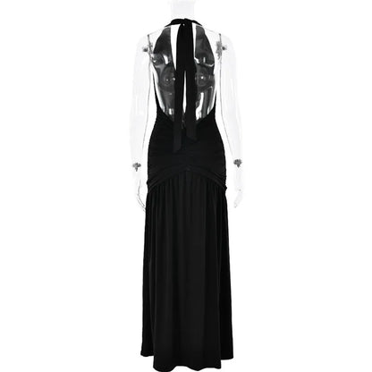 Women Halter Deep V Neck Backless Maxi Fashion Solid Sleeveless Thigh High Split Long Dress