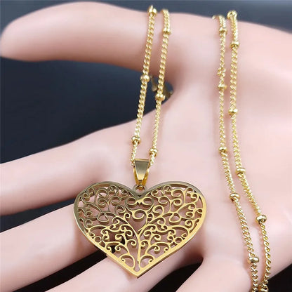 Aesthetic Love Heart Tree of Life Hollow Stainless Steel Gold Color Bead Chain Pendant Necklace