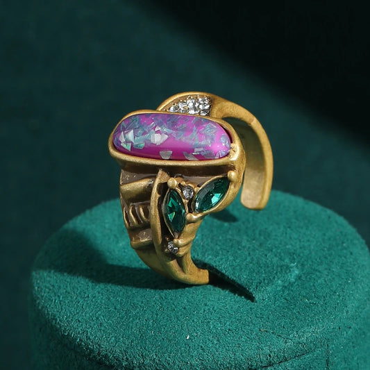 Vintage Purple Opal Real AB Rhinestone Irregular Antique Gold Color Designers Ring
