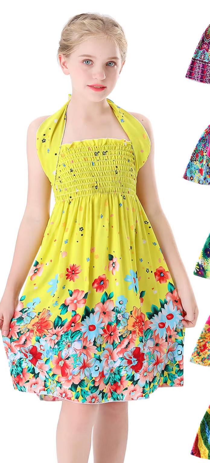 Kids Girls Floral Sling Ruffles Bohemian Beach Princess Birthday Party Dress w/ Necklaces