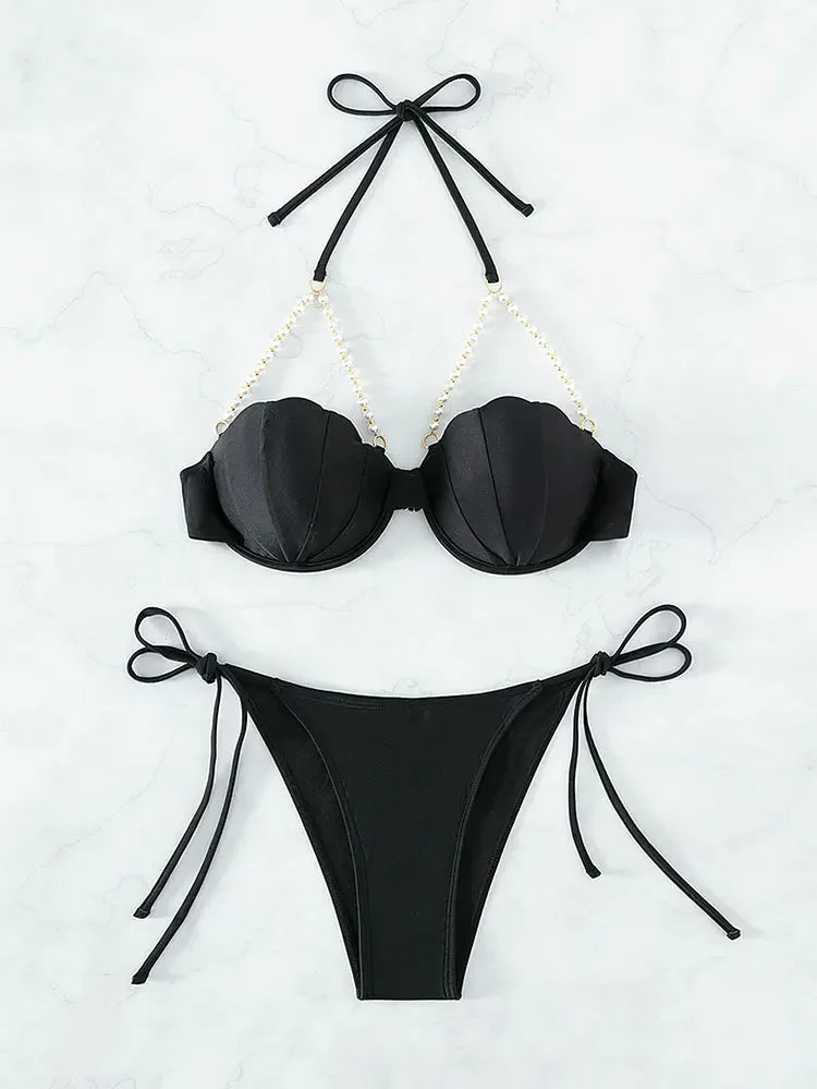 Sexy Women Pearls Swimwear Push Up Bathing Swimsuit Solid Underwired Bra Cup Bikini Set