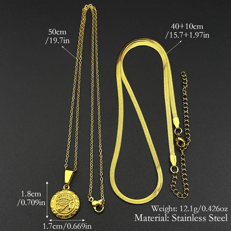 Women Men Gold Color Eye of Ra Horus Symbol Stainless Steel Egyptian Eyes Hieroglyph Chain Pendant Necklace