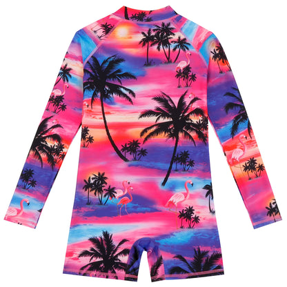 Girls Kids One-Piece Long Sleeve Hawaii Print Beach Boyleg Shorts Swimming Swimsuit