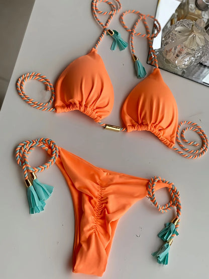Sexy Solid color Two-piece Triangle Swimwear Braiding Rope Bikini Beach Bathing Brazilian Suit