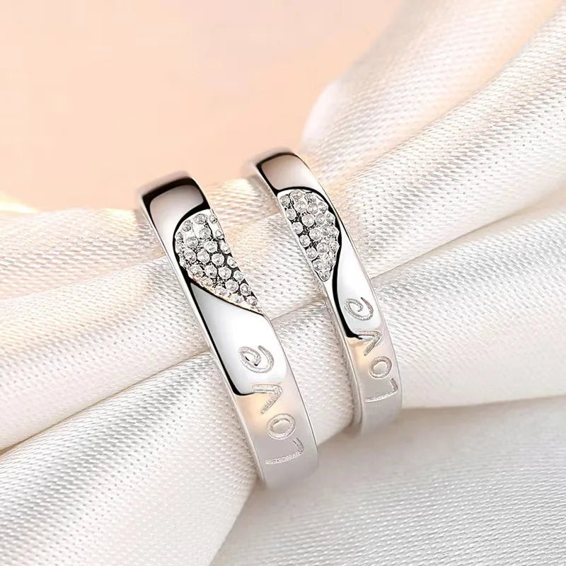 Solid 925 Sterling Silver Couple Letter Love Splicing Heart Crystal Zircon Rings