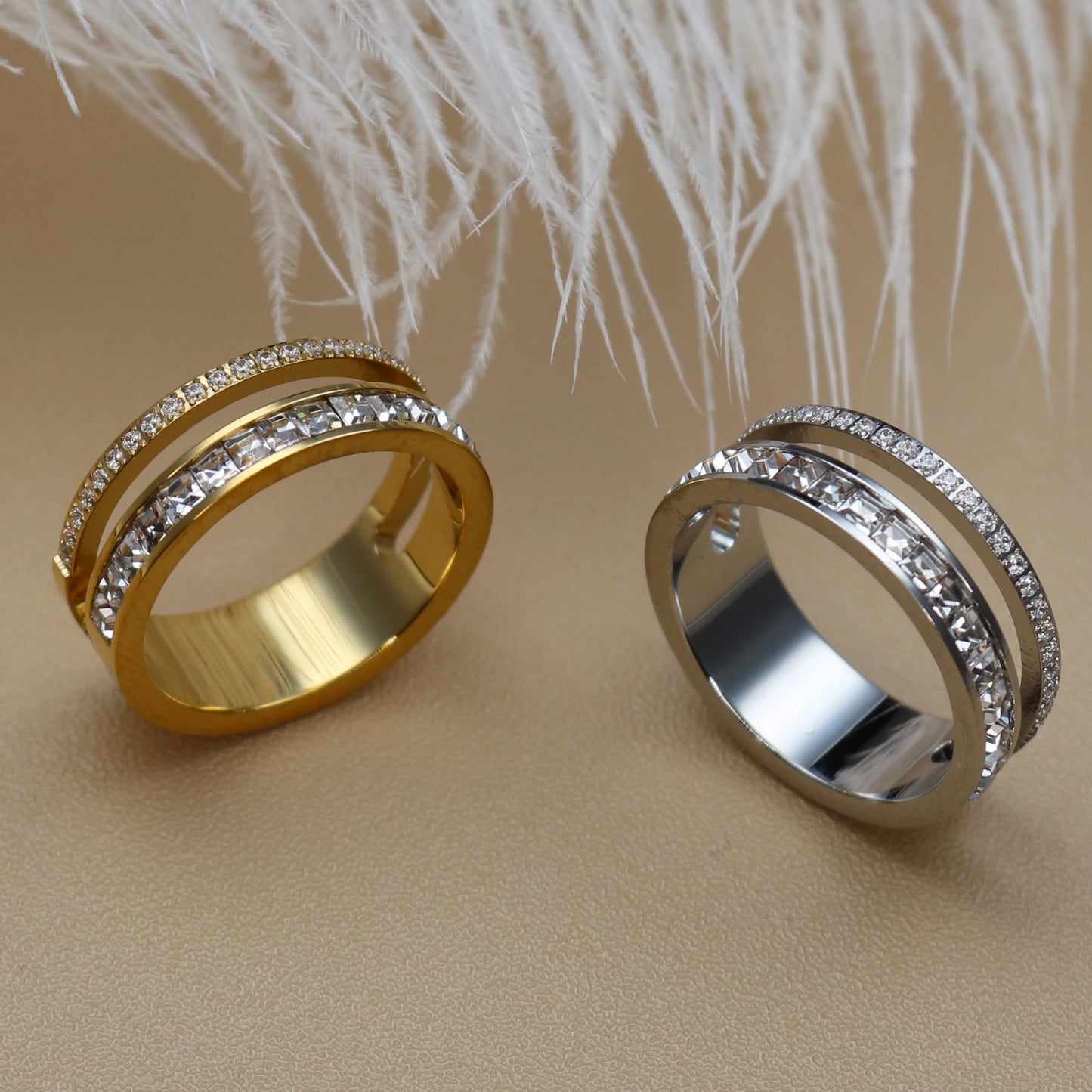 Women 18k Gold Color Cubic Zircon Stainless Steel Fashion Crystal Wedding Party Ring