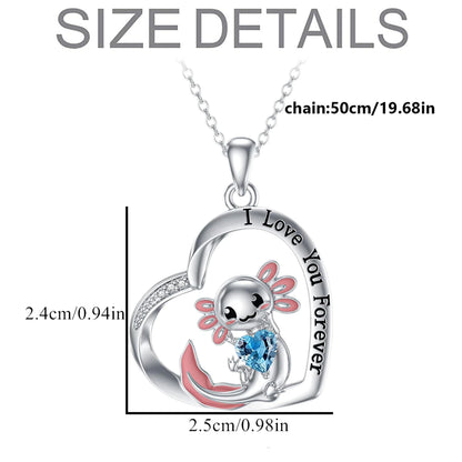 Women Fashion Cute Blue Crystal Axolotl Heart Necklace Gifts