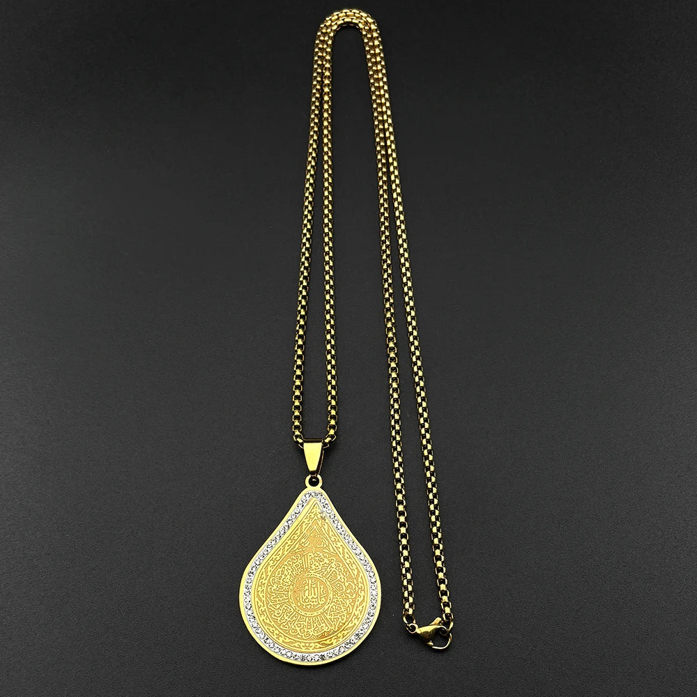 Men Women Stainless Steel Gold Color Islamic Rhinestones Amulet Allah Muslim Arabic Quran Necklace