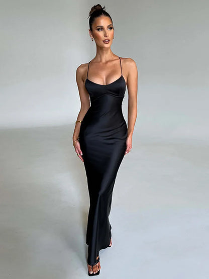 Women Satin Backless Maxi Spaghetti Strap Sleeveless Bodycon Long Dress f