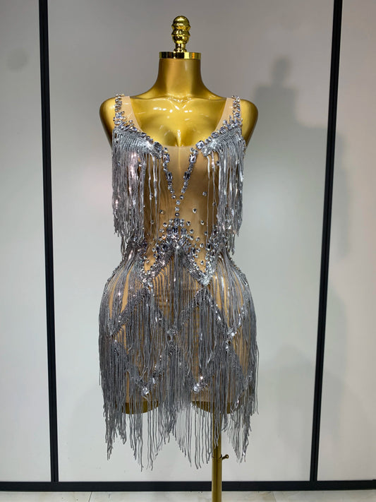 Sparkly Rhinestone Tassels Sexy Mesh See Through Evening Party Birthday Dress