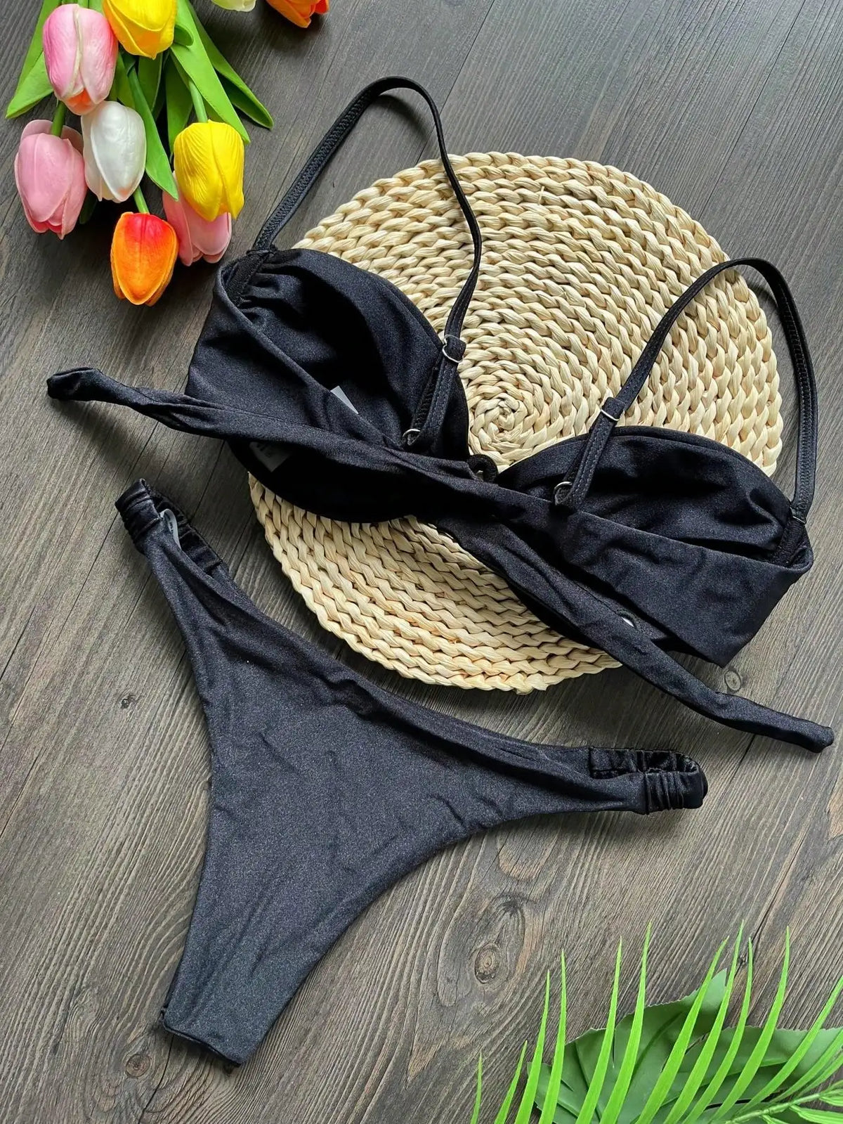 Sexy 3D Flower Women V Wire Underwired Micro Mini Pleated Thong Swimsuit Beach Bathing Suit