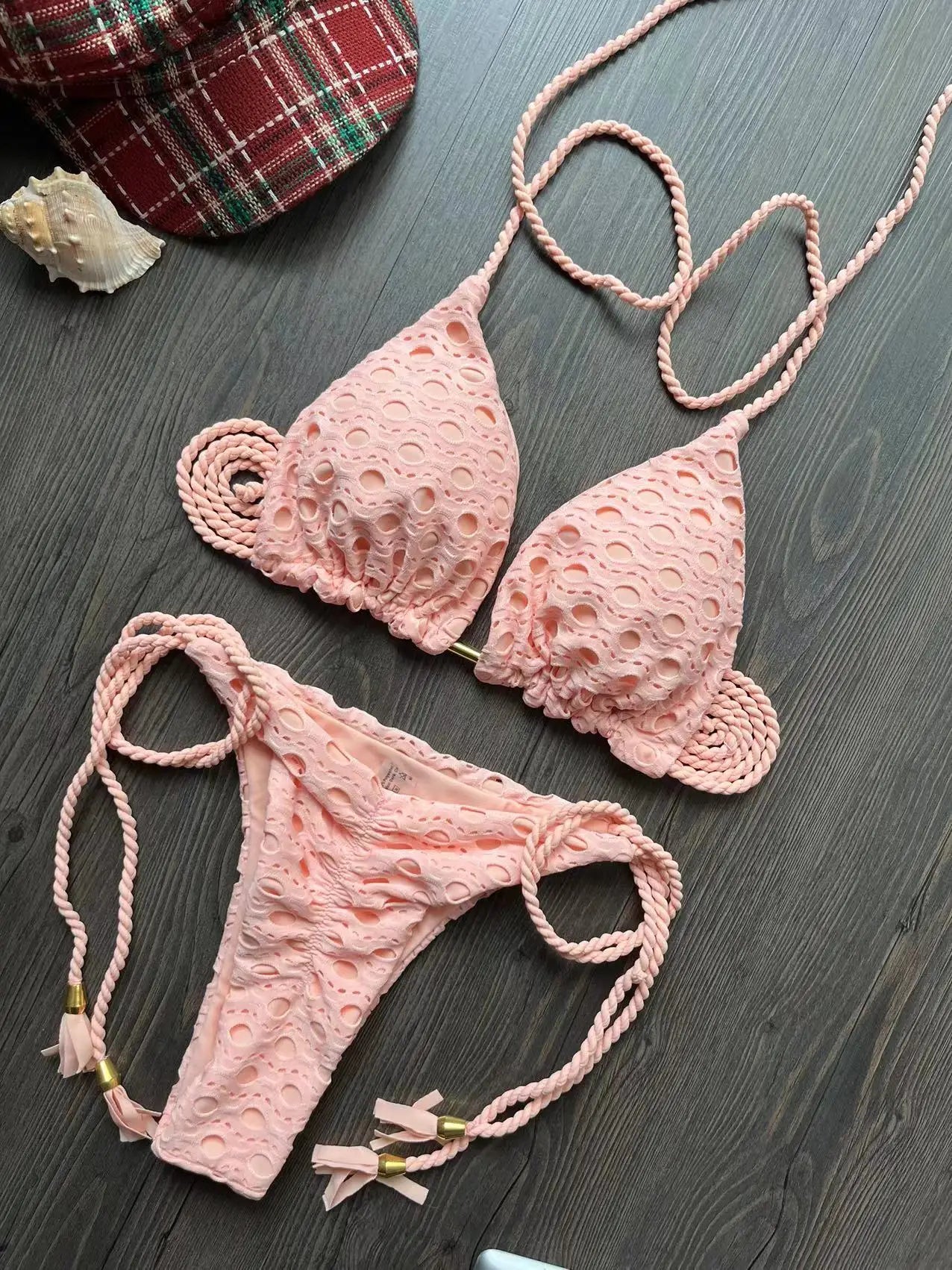 Sexy Hollow out Braiding rope Bikini Swimwear Swimsuit Triangle Solid Bathing Brazilian Suit