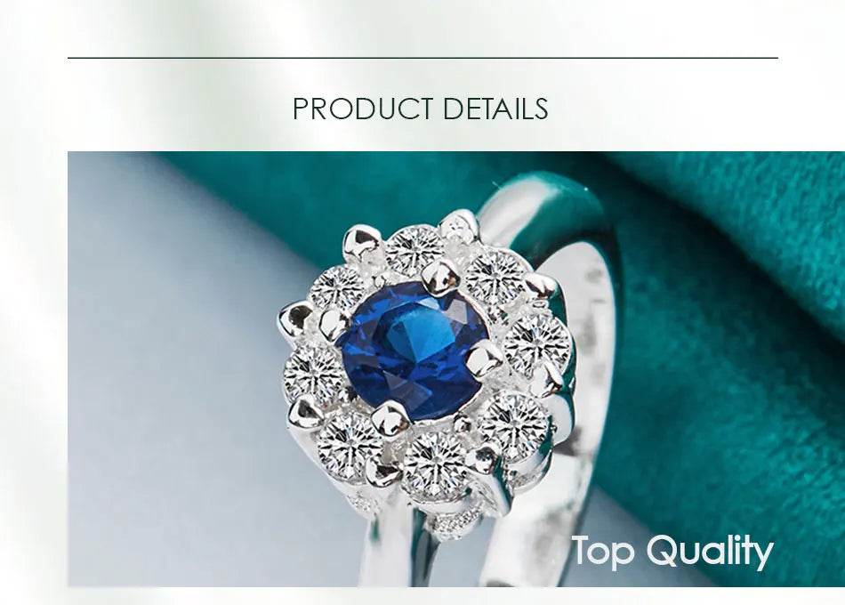 925 Sterling Silver Bule Round Zircon Women Man Fashion Wedding Engagement Party Charm Ring