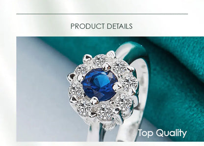 925 Sterling Silver Bule Round Zircon Women Man Fashion Wedding Engagement Party Charm Ring