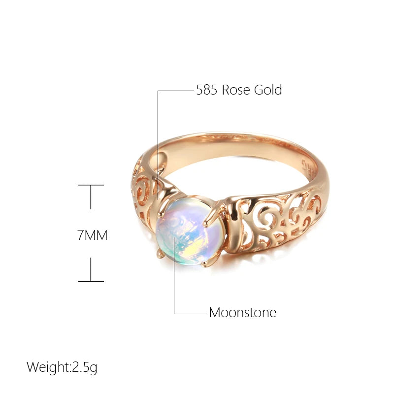 Women Fancy Moonstone 585 Roe Gold Color Hollow Pattern Wedding Rings