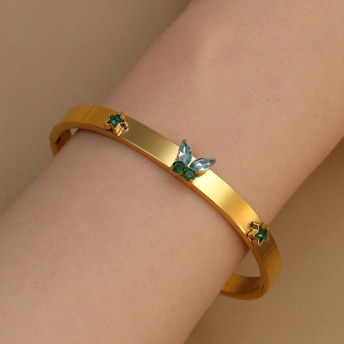 Women's Stainless Steel Green Crystal Gold Color Bracelet Bangle