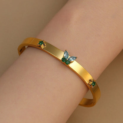 Women's Stainless Steel Green Crystal Gold Color Bracelet Bangle