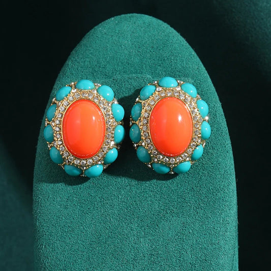 Women Egg Shape Natural Stone Vintage Gold Color Wedding Stud Earrings