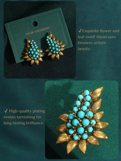 Women Vintage Beaded Sea Blue Natural Stones Tree Leaf Antique Bohemia Stud Earrings