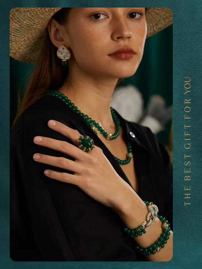 Vintage Green Beads Women Rhinestones Leopard Head Bangles Eye Bracelets
