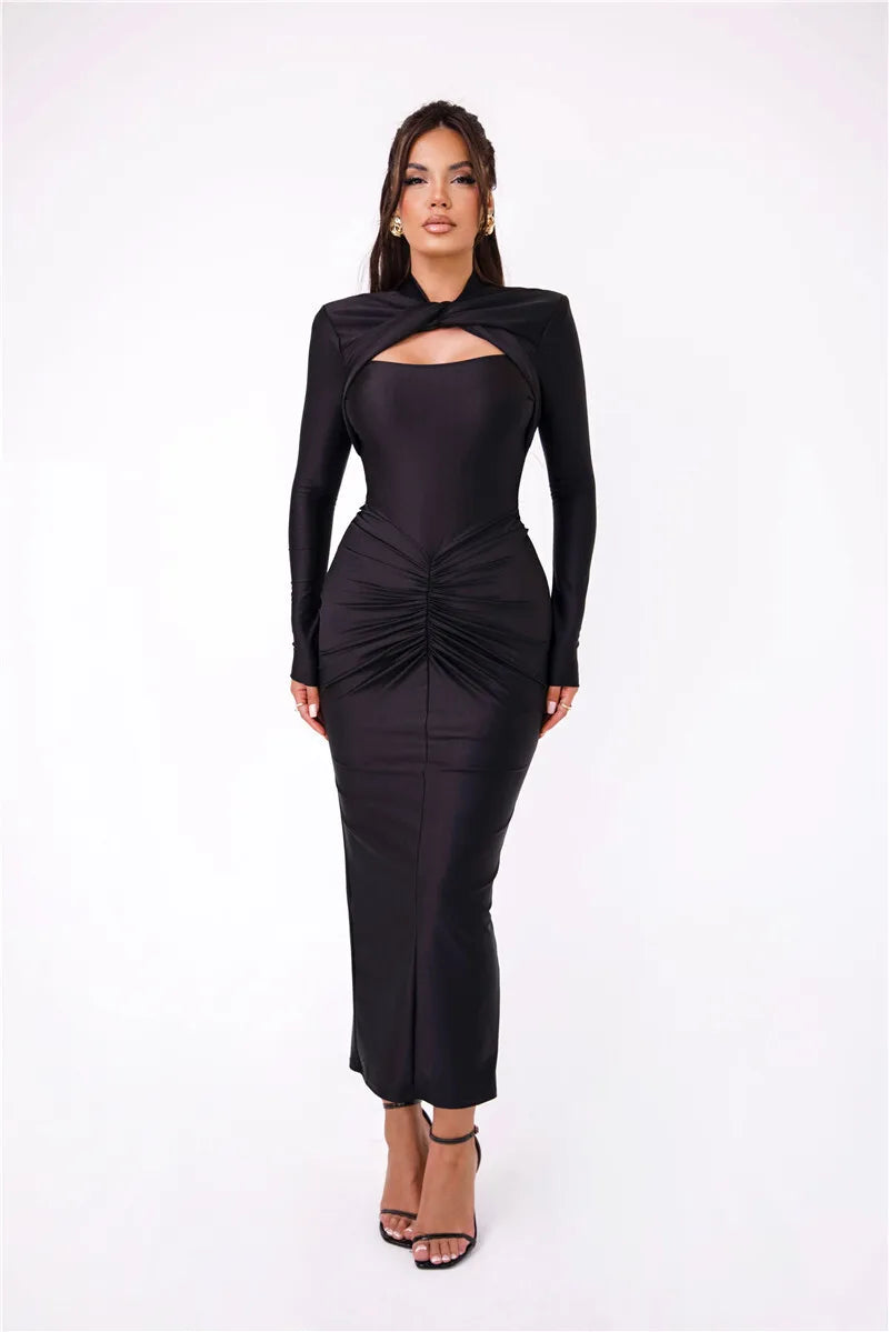 Women Elegant Hollow Out Long Sleeve Maxi  Metal Buckle Ruched Slit Long Dress