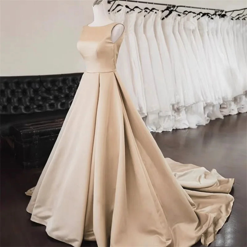 Women's Scoop Neck Sweep Train Prom Backless A-line Satin Long Formal Evening Party Dress w/ Pockets