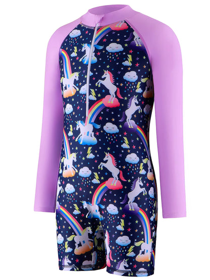 Kids Girls One-Piece Long Raglan Sleeve Animal Horse Print Rash Guard Boyleg Shorts Swimwear