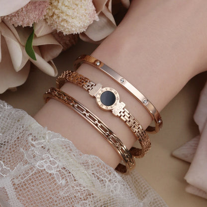 Stainless Steel Zircon Roman Numeral Chain Design Women Bracelet Bangle